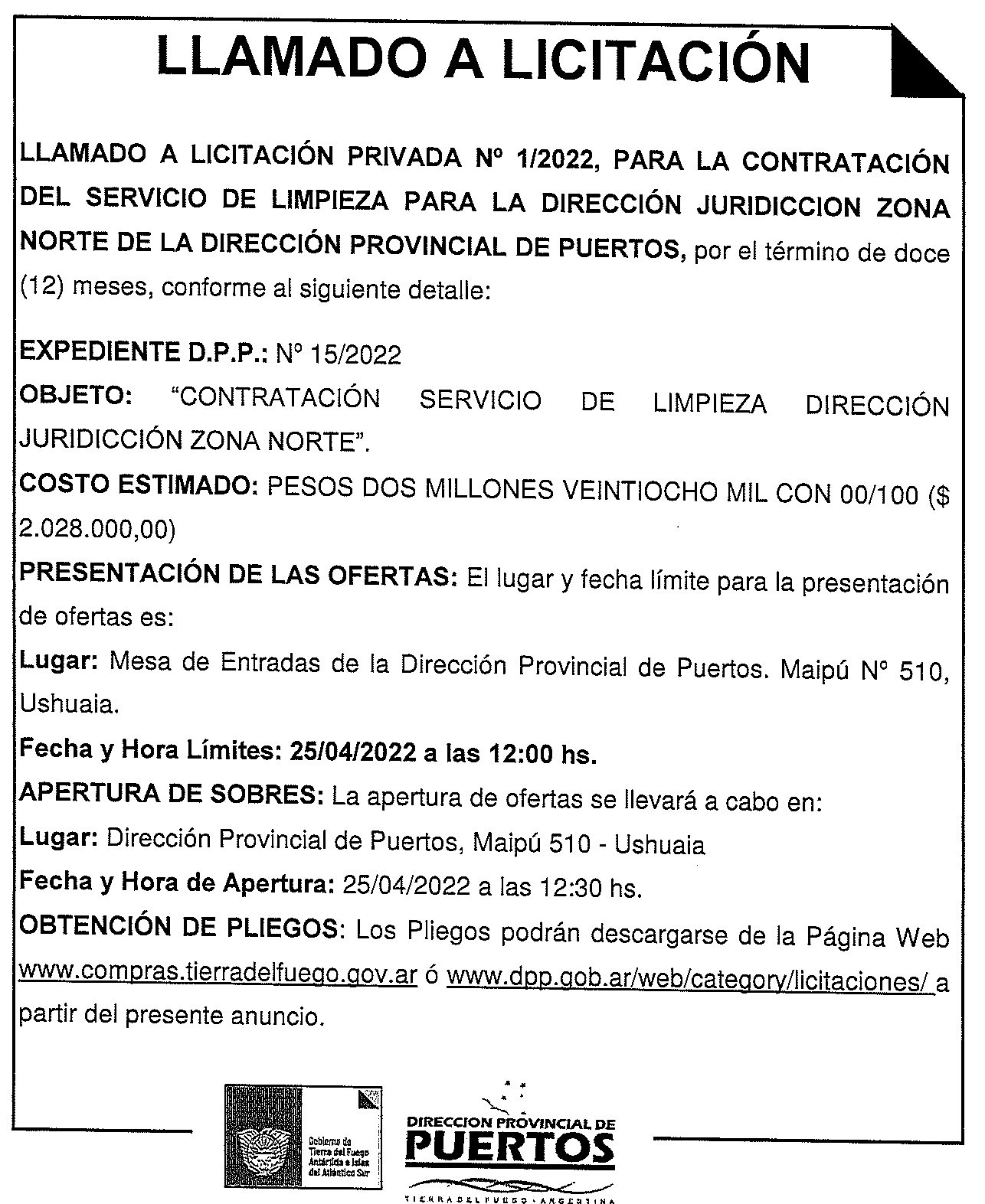 Licitación Privada Nº 012022 Contratacion Servicio De Limpieza Para La Direccion Jurisdiccion 2984